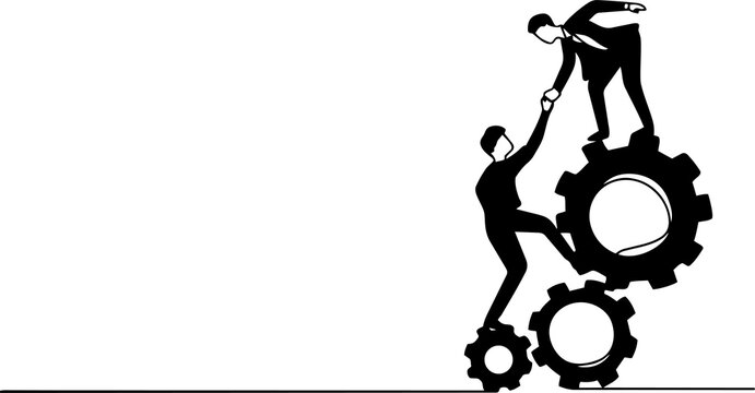 Business people helping each other climb interlocking machine gears
