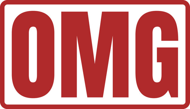Bold red rectangular rubber stamp graphic showcasing the expressive text omg for energetic social communication themes