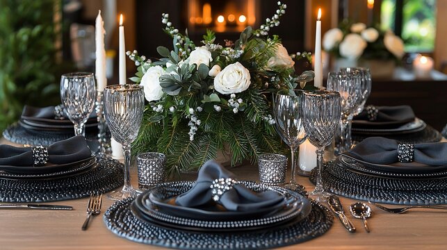 Elegant Christmas table setting with black plates, dark gray napkins, crystal glasses, and white flowers centerpiece.
