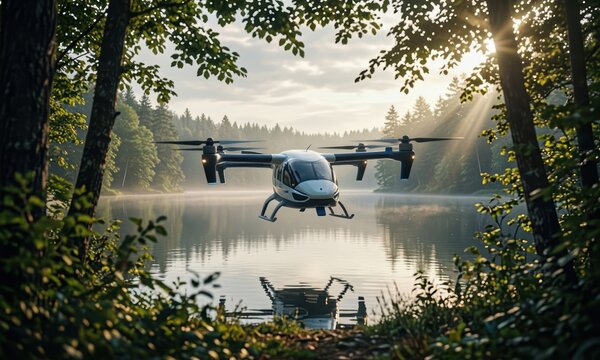 A vtol air taxi hovers above a calm lake, surrounded by trees. The vtol air taxi prepares for a journey, showcasing advanced technology in a serene setting.