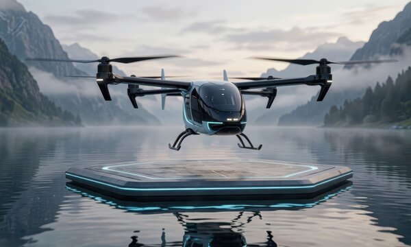 A sleek vtol air taxi hovers above a platform on a serene lake. The vtol air taxi is surrounded by mountains, enhancing the futuristic atmosphere of this air taxi scene.