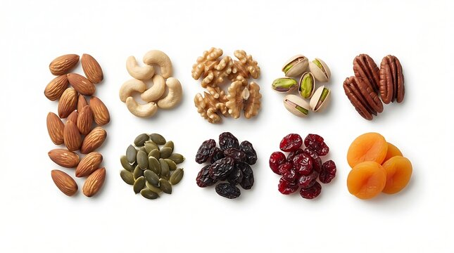 Various nuts and dried fruits arranged on a white background.