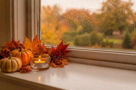 Herbstdekoration mit K&uuml;rbissen und Kerze am regennassen Fenster