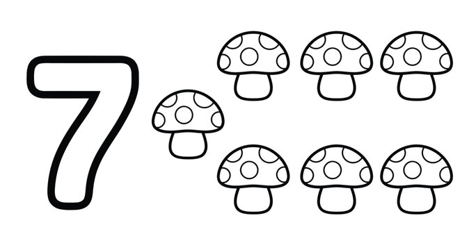 Educational kids coloring page featuring the number seven and seven cute mushrooms for preschool math learning activities