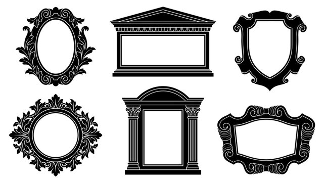 Set of six classic decorative frames in silhouette style, ornate vintage borders and victorian patterns for elegant designs, photo display, signage