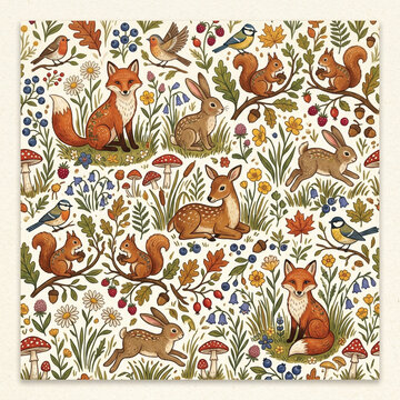 Whimsical woodland folk art animals and wildflower seamless pattern 5000x5000 300DPI generative AI concept art illustration