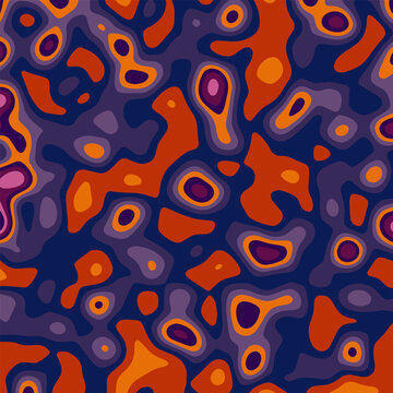 Illustration Vibrant Abstract Seamless Pattern Modern Psychedelic Organic Fluid Shapes Paper Cut Contour Purple Blue Pink Orange Color Design Vector. Ideal for Wallpaper, Textile, Fabric, Packaging
