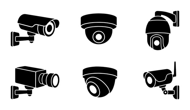 Security Camera Icons Set, Surveillance System Vector Graphics, CCTV Equipment Collection, Monitoring Technology