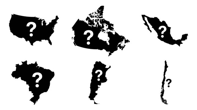 Set of black silhouette country maps with question marks, representing mystery, geographic uncertainty, unknown borders, global travel quiz