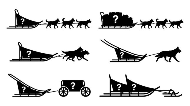 Set of silhouettes showing dog sleds and various transport vehicles marked with question marks, mystery delivery, unknown travel, vector icons