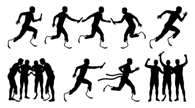Set of black silhouettes of athletes with prosthetic running blades in relay race competition and victory celebration, disability sports inclusivity