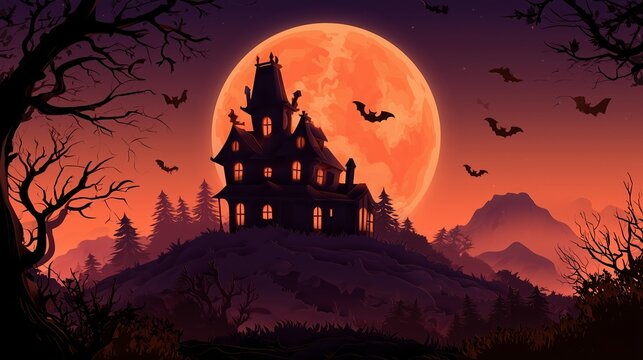 Spooky haunted house silhouette against a full moon with bats flying in a dark orange sky