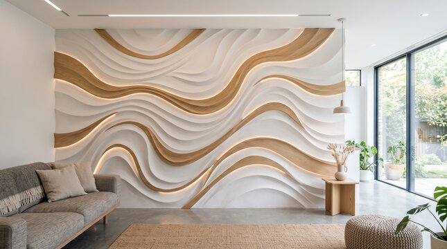 Modern living room interior featuring a stunning 3D wave wall art installation with integrated warm LED lighting and elegant neutral furniture creating a sophisticated luxury atmosphere