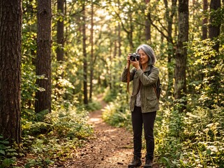 Fototapeta premium Mature East Asian Woman Taking Photos with Film Camera