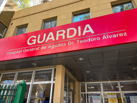 Emergency room entrance sign at the Teodoro Alvarez Hospital in Buenos Aires
