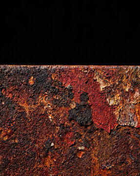 Rusted iron plate with peeling paint and rich orange brown corrosion texture