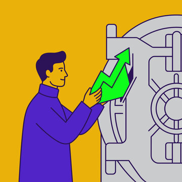 Man inserting green growth arrow graph into bank vault door - finance concept