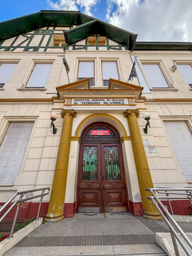 Heritage facade and emergency entrance of Teodoro Alvarez Hospital in Buenos Aires