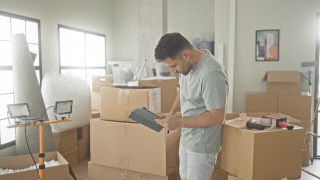 Man holds tablet while checking and tapping a cardboard box in building filled with stacked moving boxes, bubble wrap, tape and a ladder; quiet concentration.