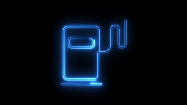 Neon blue fuel pump station icon glowing against dark black background motion graphic clip.