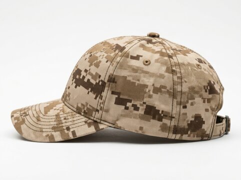 Side view of a tan desert digital camouflage tactical baseball cap isolated on white background