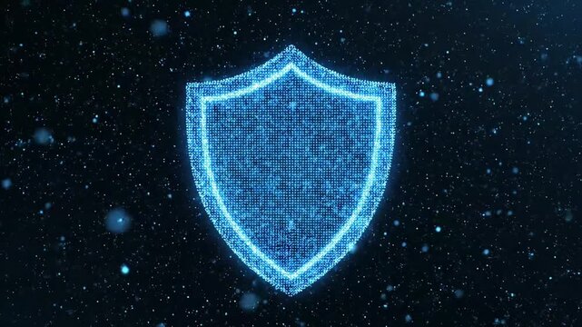 Glowing blue holographic digital shield in dark cyber space for cybersecurity service ads
