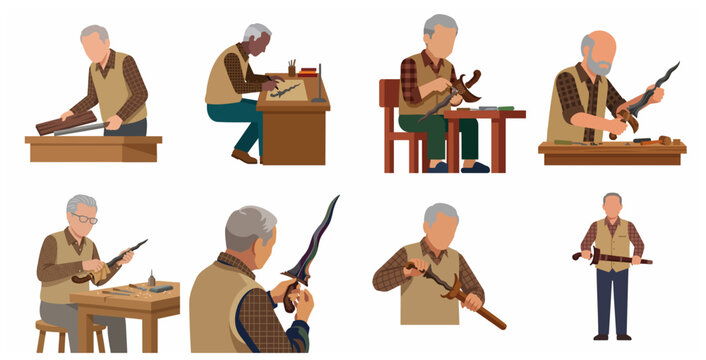 Set of flat vector illustrations depicting an elderly Indonesian craftsman making a traditional Keris dagger
