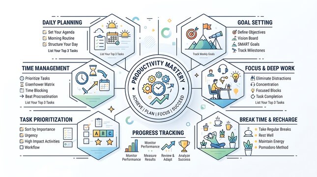 Productivity mastery infographic featuring daily planning time management goal setting task prioritization and focus techniques for professional success and efficient workflow organization.