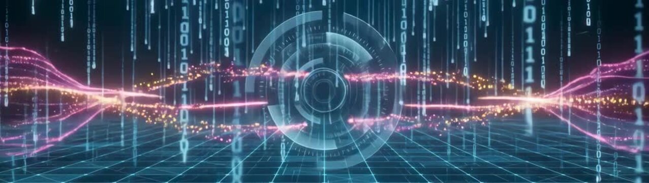 Big data and digital transformation concept binary code rain falling on a glowing grid surface abstract technology background with streaming blue numbers.