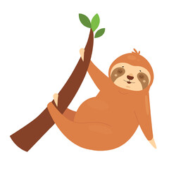 Fototapeta premium Hanging sloth animal on tree. Lazy bear on branch, relaxed arboreal mammal vector illustration