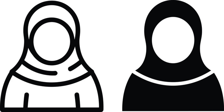 Muslim woman in hijab icon vector set featuring outline and solid glyph styles for avatar and profile design