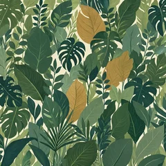 Dense tropical seamless pattern with various green jungle leaves, monstera, and large golden foliage illustrations. © Bogdan
