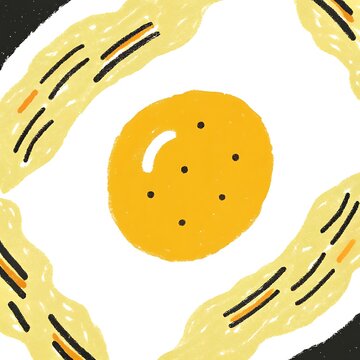 Stylized illustration of a fried egg with yellow streaks on a dark background breakfast