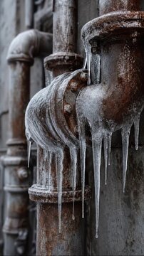 Rusty industrial pipes covered with icicles in cold winter outdoor scene showing frozen metal infrastructure