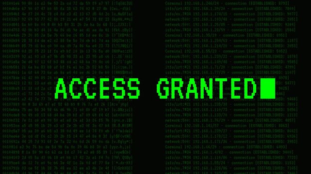 Cyber security hacker terminal screen decrypting to access granted text with green scrolling code