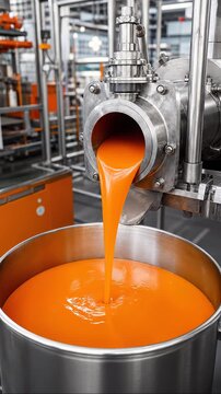 Industrial orange liquid pouring into a large metal container in a modern food processing factory