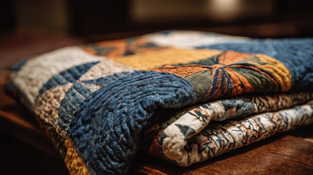 Folded quilt on a wooden table with orange, yellow and blue colors. Use for cozy, warm, or handcrafted concepts in design projects.
