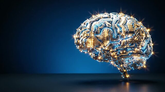 Glowing mechanical brain with golden lights on blue for AI campaign video loop
