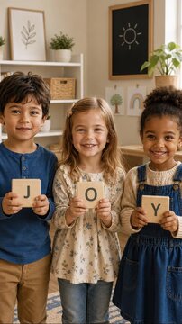 Happy diverse children holding wooden blocks spelling joy in a bright cozy classroom