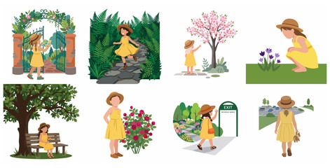 Fototapeta premium Set of illustrations featuring a young girl in a yellow dress exploring a beautiful botanical garden and enjoying nature