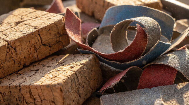 Curled strips of red and blue sandpaper resting beside rough textured blocks illuminated by warm sunlight