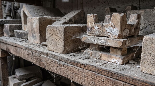 Dusty refractory soldering bricks covered in cobwebs on a wooden shelf in an abandoned jewelry workshop