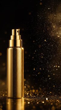 Luxury golden perfume spray bottle with sparkling gold particles on dark background