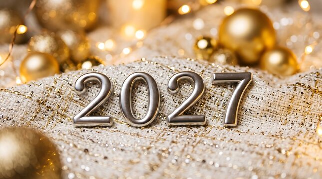 Golden new year celebration with metallic numbers two zero two seven and shimmering festive decorations
