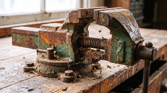Rusted bench vise with peeling green paint and cobwebs on a wooden workbench in an abandoned workshop
