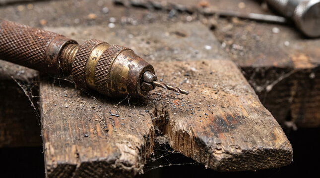 Rusted hand drill chuck with a small drill bit on a wooden workbench covered in cobwebs in an abandoned workshop