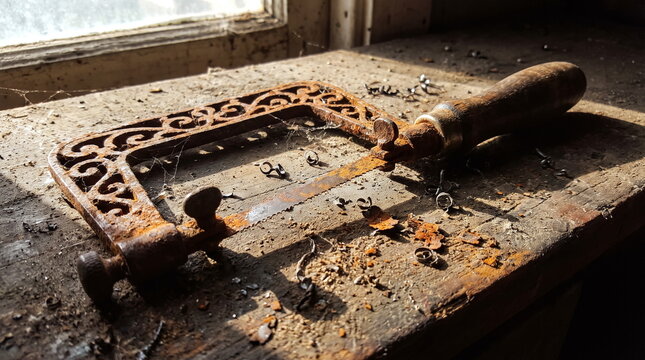 Rusted metal saw with an ornate frame on a dusty workbench