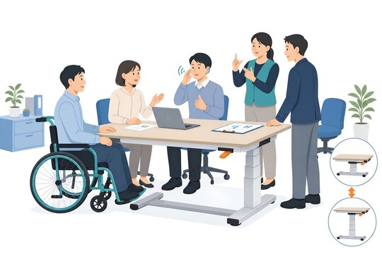 Inclusive office with wheelchair user and sign language interpreter working together