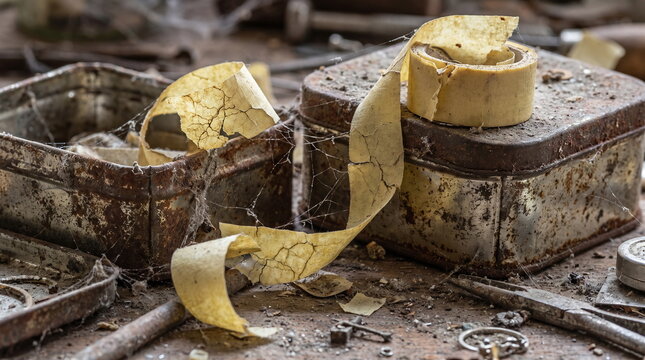 Rusty metal tins and cracked masking tape covered in cobwebs on a dusty workbench