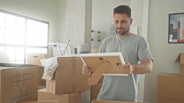 Man holding a picture frame and looking up among moving boxes in an apartment building; quiet contemplation.